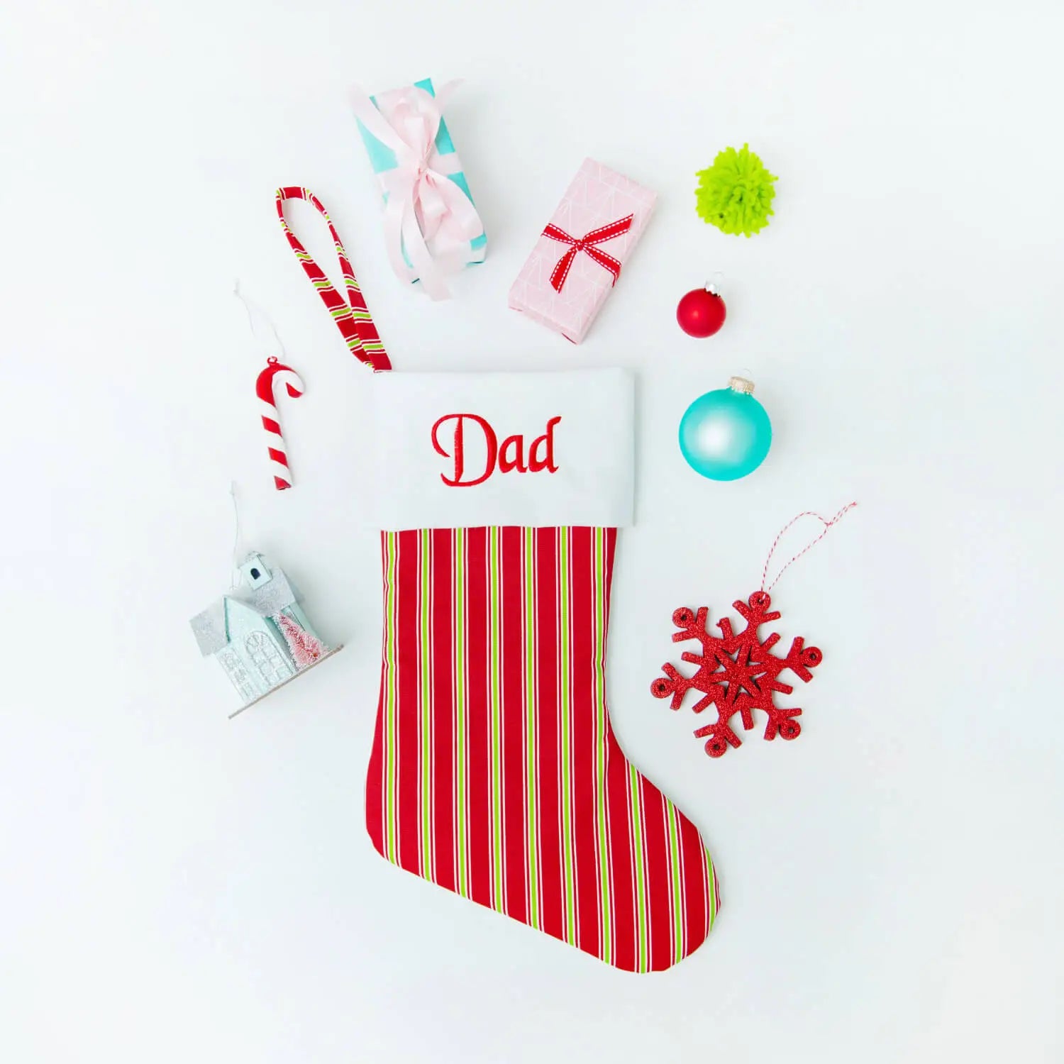 RED AND LIME CHRISTMAS STRIPE PERSONALIZED CHRISTMAS STOCKING image 0