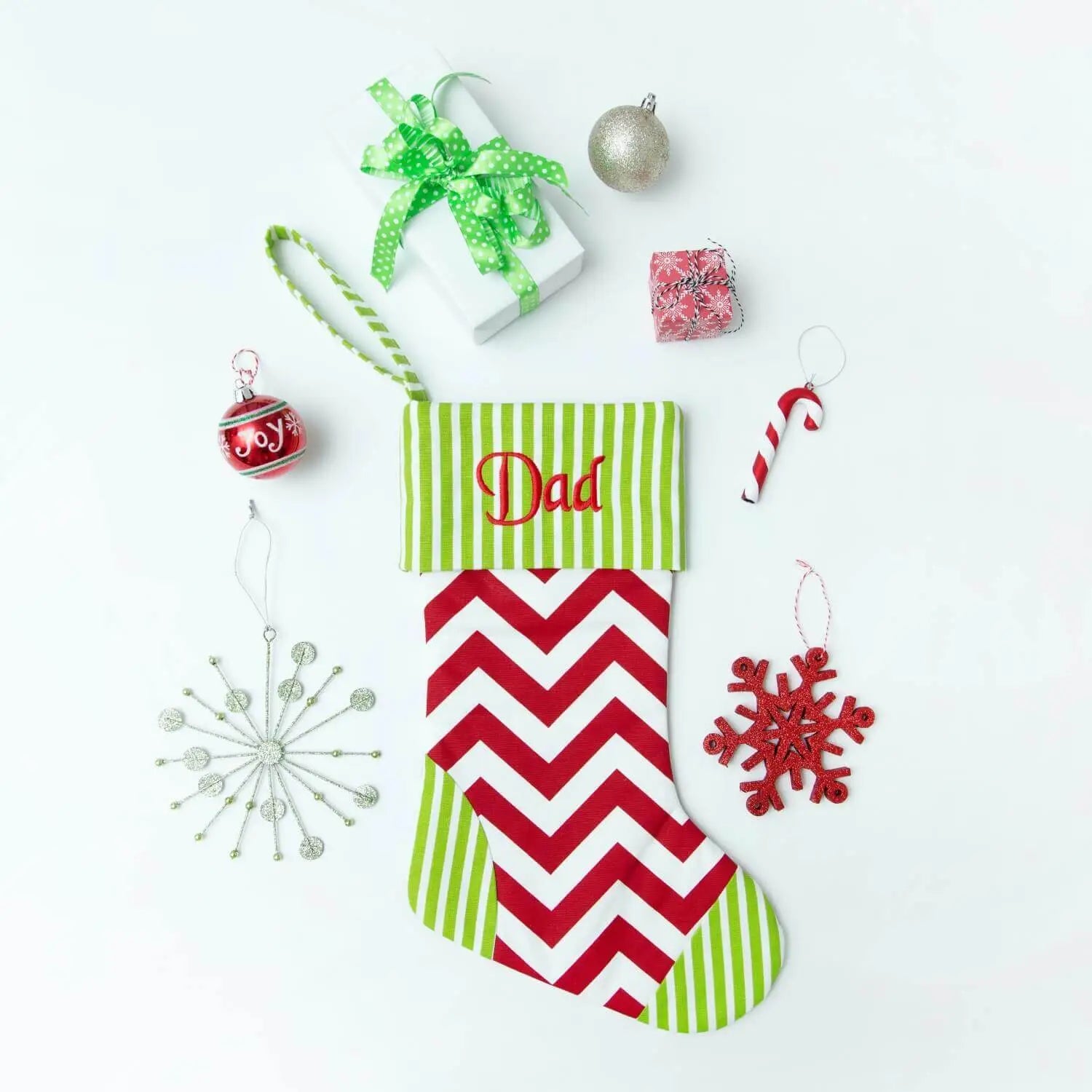 RED ZIG ZAG WITH LIME SPEARMINT STRIPE MONOGRAMMED CHRISTMAS STOCKING image 0