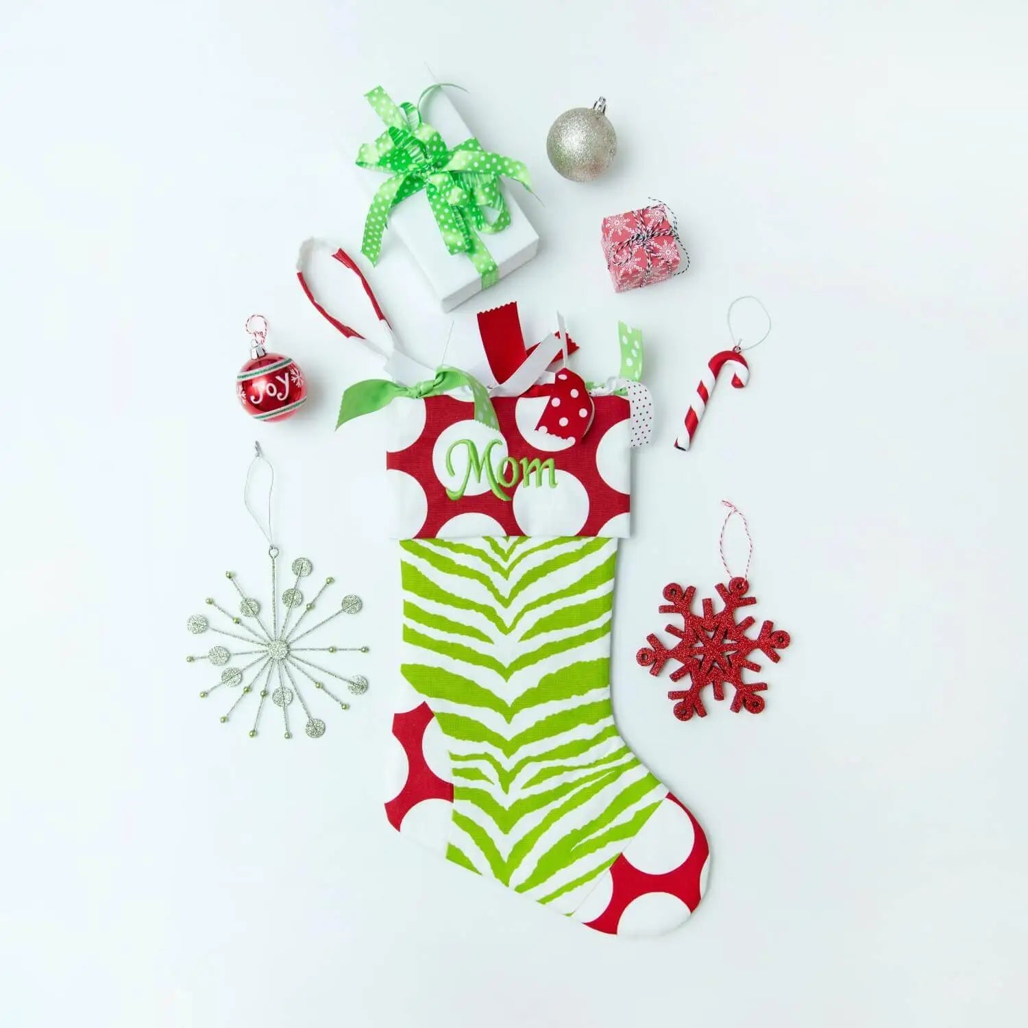 LIME ZEBRA WITH RED DANDIE MONOGRAMMED CHRISTMAS STOCKING image 0