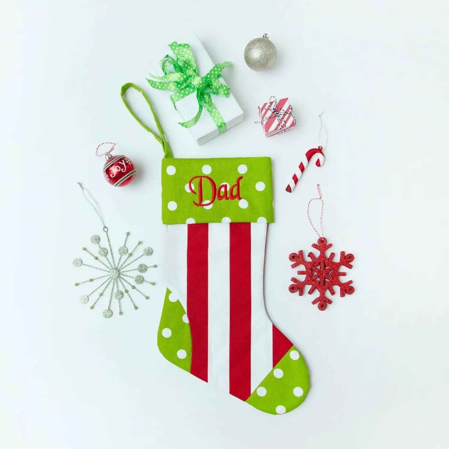 RED CANOPY STRIPE WITH LIME DOTS MONOGRAMMED CHRISTMAS STOCKING image 0