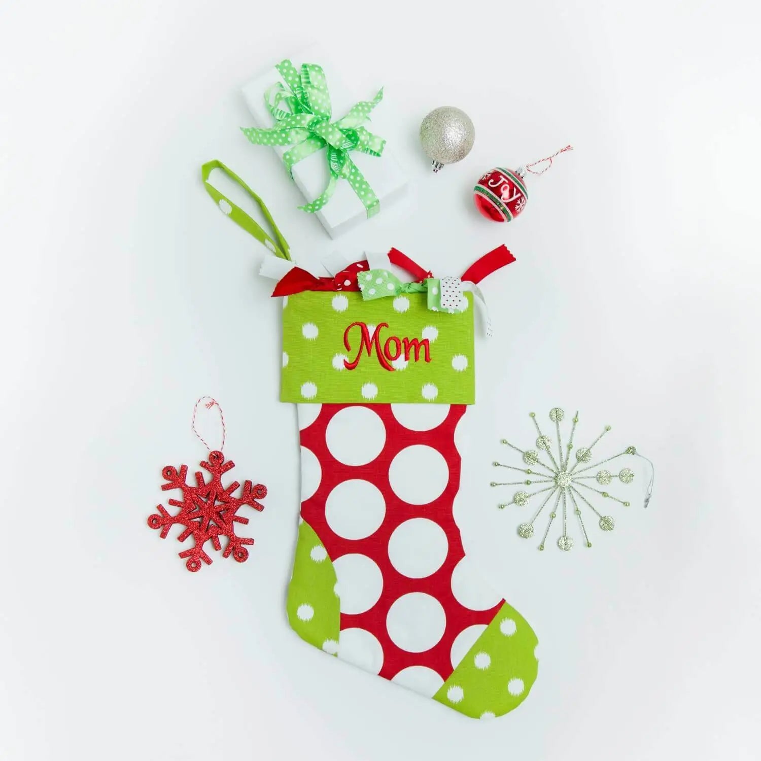 RED DANDIE WITH LIME FUZZY DOTS MONOGRAMMED CHRISTMAS STOCKING image 0