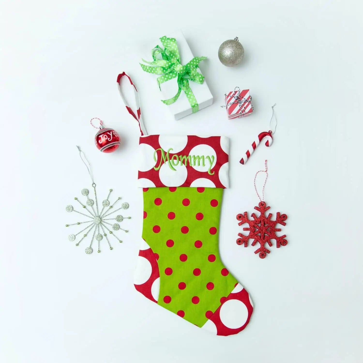 LIME AND RED DOTS WITH RED DANDIE MONOGRAMMED CHRISTMAS STOCKING image 0